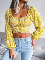 Lantern sleeve bowknot floral chiffon shirt holiday style crop top - D'Sare