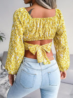 Lantern sleeve bowknot floral chiffon shirt holiday style crop top - D'Sare