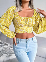 Lantern sleeve bowknot floral chiffon shirt holiday style crop top - D'Sare