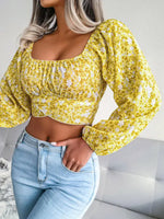 Lantern sleeve bowknot floral chiffon shirt holiday style crop top - D'Sare