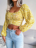 Lantern sleeve bowknot floral chiffon shirt holiday style crop top - D'Sare