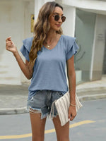 Summer new solid color V-neck double layer ruffled sleeve loose top t-shirt - D'Sare