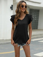 Summer new solid color V-neck double layer ruffled sleeve loose top t-shirt - D'Sare