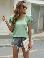 Summer new solid color V-neck double layer ruffled sleeve loose top t-shirt - D'Sare