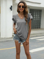 Summer new solid color V-neck double layer ruffled sleeve loose top t-shirt - D'Sare