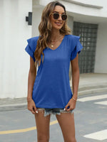 Summer new solid color V-neck double layer ruffled sleeve loose top t-shirt - D'Sare