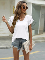 Summer new solid color V-neck double layer ruffled sleeve loose top t-shirt - D'Sare