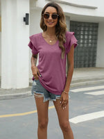 Summer new solid color V-neck double layer ruffled sleeve loose top t-shirt - D'Sare