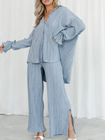 Women's Solid Color Pressed Pleated Long Sleeve Cardigan Shirt Slit Top Trousers Two-Piece Set - D'Sare