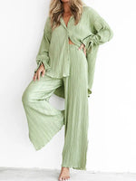 Women's Solid Color Pressed Pleated Long Sleeve Cardigan Shirt Slit Top Trousers Two-Piece Set - D'Sare