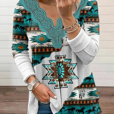 Women's Knitted Casual Ethnic Aztec Print Lace Top - D'Sare