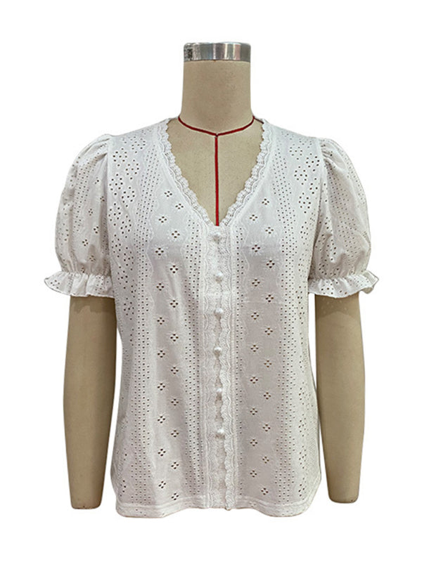 Women's solid color V-neck hollow short-sleeved blouse