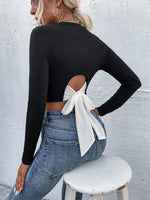 Women's Knitted Sexy Open Waist Contrast Color Long Sleeve T-Shirt - D'Sare