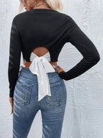 Women's Knitted Sexy Open Waist Contrast Color Long Sleeve T-Shirt - D'Sare