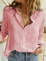 Women's Solid Color Casual Loose Long Sleeve Linen Shirt - D'Sare