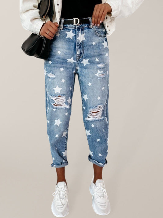 Women's star pattern ripped wash jeans