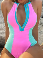 Women's Conservative Contrasting Color Tight Sunscreen One-Piece Swimsuit - D'Sare