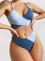 Women's solid color color block thick pit strip cross strap high waist bikini - D'Sare