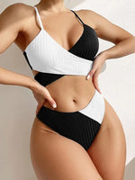 Women's solid color color block thick pit strip cross strap high waist bikini - D'Sare