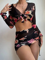 Women's Printed Drawstring Long-Sleeve Blouse Bikini Four-Piece Set - D'Sare