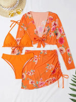 Women's Printed Drawstring Long-Sleeve Blouse Bikini Four-Piece Set - D'Sare