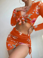 Women's Printed Drawstring Long-Sleeve Blouse Bikini Four-Piece Set - D'Sare