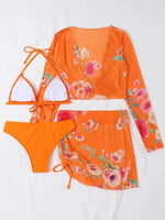 Women's Printed Drawstring Long-Sleeve Blouse Bikini Four-Piece Set - D'Sare