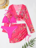 Women's Printed Drawstring Long-Sleeve Blouse Bikini Four-Piece Set - D'Sare