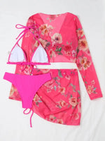 Women's Printed Drawstring Long-Sleeve Blouse Bikini Four-Piece Set - D'Sare