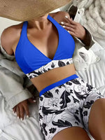 Women's High Waist Boxer Tie Printed Solid Color Panel Bikini - D'Sare