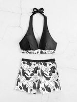 Women's High Waist Boxer Tie Printed Solid Color Panel Bikini - D'Sare