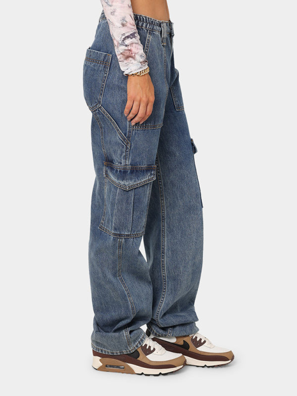 Women's Solid Multi-Pocket Cargo Jeans
