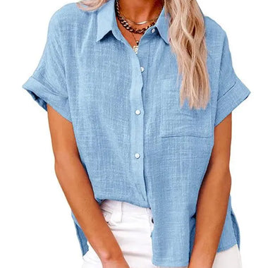 Women's Solid Color Short Sleeve Button-front Top - D'Sare