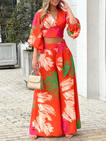 Printed V-neck lantern sleeve short shirt high waist wide-leg pants two-piece set - D'Sare