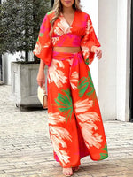 Printed V-neck lantern sleeve short shirt high waist wide-leg pants two-piece set - D'Sare