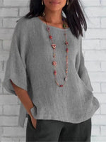 Three-quarter sleeve round neck cotton linen shirt Women's top - D'Sare