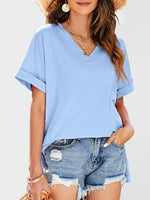 Summer new solid color v-neck short-sleeved top with short front and long rear slits - D'Sare