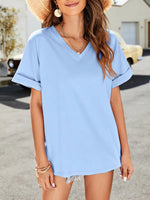 Summer new solid color v-neck short-sleeved top with short front and long rear slits - D'Sare