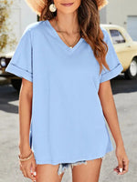 Summer new solid color v-neck short-sleeved top with short front and long rear slits - D'Sare