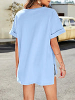 Summer new solid color v-neck short-sleeved top with short front and long rear slits - D'Sare