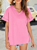 Summer new solid color v-neck short-sleeved top with short front and long rear slits - D'Sare