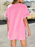 Summer new solid color v-neck short-sleeved top with short front and long rear slits - D'Sare