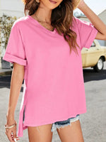 Summer new solid color v-neck short-sleeved top with short front and long rear slits - D'Sare