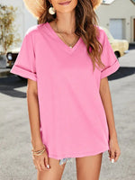 Summer new solid color v-neck short-sleeved top with short front and long rear slits - D'Sare