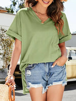 Summer new solid color v-neck short-sleeved top with short front and long rear slits - D'Sare