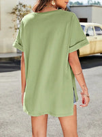 Summer new solid color v-neck short-sleeved top with short front and long rear slits - D'Sare