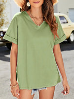 Summer new solid color v-neck short-sleeved top with short front and long rear slits - D'Sare