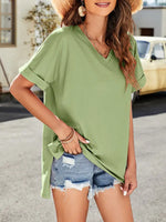 Summer new solid color v-neck short-sleeved top with short front and long rear slits - D'Sare