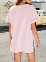 Summer new solid color v-neck short-sleeved top with short front and long rear slits - D'Sare