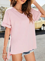 Summer new solid color v-neck short-sleeved top with short front and long rear slits - D'Sare